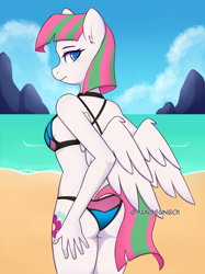 Size: 2048x2731 | Tagged: safe, artist:handgunboi, blossomforth, pegasus, anthro, g4, ass, beach, bikini, breasts, busty blossomforth, butt, butt touch, clothes, commission, female, hand on butt, high res, looking back, reasonably sized breasts, sand, solo, swimsuit