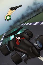 Size: 4600x7016 | Tagged: safe, artist:tenenbris, oc, oc only, oc:dead meat, oc:paeonia green, semi-anthro, arm hooves, car, driving, latex, race track, racecar