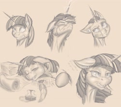 Size: 3838x3413 | Tagged: safe, artist:nazorad, artist:piecesofeden, twilight sparkle, pony, unicorn, g4, blood, bruised, bust, crying, drool, ear fluff, expressions, fangs, floppy ears, high res, inkwell, monochrome, nosebleed, quill, scroll, sharp teeth, sketch, sketch dump, sleeping, slit pupils, solo, teeth, tired