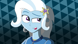 Size: 1920x1080 | Tagged: safe, artist:animatedone, trixie, human, equestria girls, g4, arms, clothes, eyebrows, female, hairpin, hoodie, long hair, open mouth, patterned background, raised eyebrow, solo, teenager, teeth, top, zipper