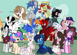 Size: 7000x5000 | Tagged: safe, artist:mercury may, chancellor neighsay, flam, oc, oc:bluewing, oc:fluffymarsh, oc:rio, oc:shotgunner, oc:zom rosefall, alicorn, earth pony, original species, pegasus, pony, unicorn, g4, alicorn oc, black and white, blue eyes, bowtie, bracelet, choker, closed mouth, clothes, colored hooves, colored wings, colored wingtips, cyan eyes, earth pony oc, facial hair, female, femboy, folded wings, gradient mane, gray eyes, grayscale, green eyes, grin, group photo, hat, headphones, hoodie, horn, jewelry, jumping, lidded eyes, looking at you, magenta eyes, male, male oc, mare, monochrome, moustache, neckerchief, necktie, open mouth, orange eyes, pants, pegasus oc, pony oc, ponyville, purple eyes, red and black oc, shirt, sitting, skirt, smiling, spread wings, stallion, stallion oc, standing, unicorn oc, unshorn fetlocks, vest, wings, yellow eyes