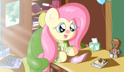 Size: 4709x2750 | Tagged: safe, artist:sparkfler85, derpibooru exclusive, fluttershy, pegasus, pony, g4, balloon, clothes, cold, cute, cutie mark on clothes, female, fluttershy's cottage, gamershy, get well card, get well soon, happy, implied applejack, implied pinkie pie, implied rainbow dash, implied rarity, implied twilight sparkle, nintendo, nintendo ds, nintendo dsi, nintendogs, open mouth, open smile, pajamas, parody, playing video games, plushie, present, red nosed, shyabetes, sick, sitting, smiling, solo, stylus, teddy bear, tissue box, video game