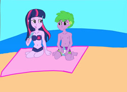 Size: 3504x2544 | Tagged: artist needed, safe, spike, twilight sparkle, human, equestria girls, g4, bandeau, barefoot, beach, beach blanket, bikini, bikini bottom, bikini top, brother and sister, clothes, cute, cutie mark on clothes, duo, feet, female, food, high res, human spike, humanized, looking at each other, looking at someone, male, male nipples, nipples, popsicle, sand, siblings, sparkle siblings, swimming trunks, swimsuit, water, water bottle