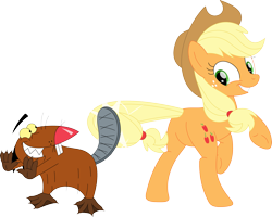 Size: 3569x2856 | Tagged: safe, artist:porygon2z, applejack, beaver, earth pony, pony, g4, angry beavers, applebutt, butt, crossover, daggett doofus beaver, duo, female, happy, high res, male, mare, plot, simple background, smiling, tail, tail slap, transparent background