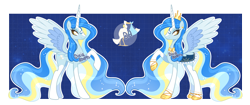 Size: 3763x1575 | Tagged: safe, artist:dixieadopts, oc, oc:eternal light, alicorn, pony, alicorn oc, blaze (coat marking), blue background, cape, clothes, coat markings, colored horn, colored wings, crown, ear piercing, earring, ethereal hair, ethereal mane, ethereal tail, eyeshadow, facial markings, female, gradient mane, gradient tail, gradient wings, grid, hoof shoes, horn, jewelry, lidded eyes, makeup, mare, multicolored wings, piercing, raised hoof, regalia, simple background, smiling, socks (coat markings), solo, sparkly mane, sparkly tail, spread wings, stars, tail, wings, yellow eyes