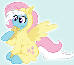 Size: 3600x3172 | Tagged: safe, artist:feather_bloom, fluttershy, oc, oc:feather bloom(fb), oc:feather_bloom, pony, g4, clothes, costume, fluttershy suit, high res, kigurumi, onesie, simple background, solo
