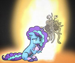 Size: 1720x1447 | Tagged: safe, artist:fillialcacophony, artist:j-mantheangel, edit, misty brightdawn, human, pony, unicorn, g5, comforting, crying, female, flying spaghetti monster, forgiveness, light, mare, parody, praying, sitting