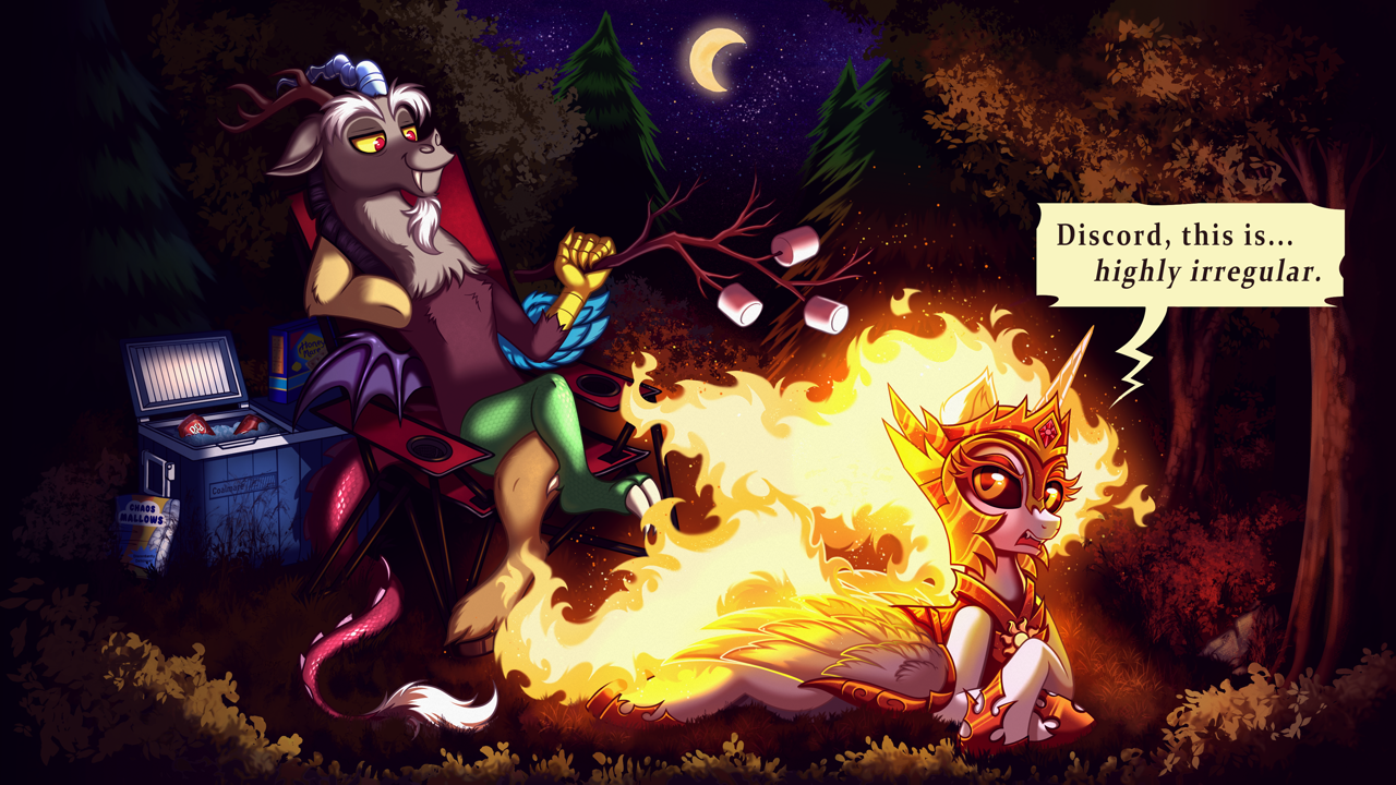[alicorn,campfire,camping,chair,commission,cooler,crescent moon,dialogue,discord,draconequus,duo,female,fire,food,forest,high res,lawn chair,male,mare,marshmallow,moon,pony,prone,safe,sitting,speech bubble,unamused,lying down,tree branch,4k,crossed hooves,arm behind back,mundane utility,daybreaker,duo male and female,roasted marshmallow,artist:confetticakez,daybreaker is not amused]