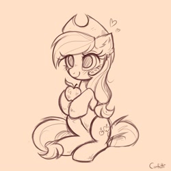 Size: 3000x3000 | Tagged: safe, artist:confetticakez, applejack, earth pony, pony, apple, cute, female, floating heart, food, heart, herbivore, high res, hoof hold, jackabetes, mare, monochrome, orange background, signature, simple background, sitting, sketch, smiling, solo