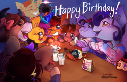 Size: 6182x4000 | Tagged: safe, artist:midnightpremiere, yona, oc, earth pony, pony, unicorn, yak, g4, absurd resolution, birthday cake, cake, cake slice, cellphone, drink, eyes closed, facial hair, female, food, frog (hoof), grin, happy birthday, hat, hoof hold, mare, moustache, open mouth, open smile, party hat, phone, smartphone, smiling, text, underhoof