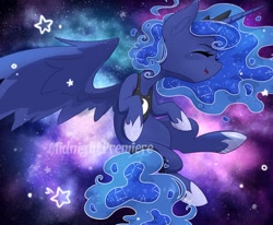 Size: 1024x845 | Tagged: safe, artist:midnightpremiere, princess luna, alicorn, pony, g4, constellation, eyes closed, female, mare, open mouth, open smile, smiling, solo, space, watermark