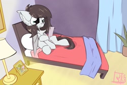 Size: 2048x1365 | Tagged: safe, artist:jubyskylines, oc, oc only, oc:sky scamper, pegasus, pony, bed, cellphone, desk lamp, male, phone, picture frame, smartphone, solo, stallion, wings