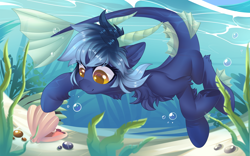 Size: 1920x1200 | Tagged: safe, artist:xvostik, oc, oc only, hybrid, pony, air bubble, bubble, chest fluff, clam, commission, crepuscular rays, cute, digital art, female, fins, fish tail, flowing tail, horns, hybrid oc, mare, ocean, seashell, seaweed, smiling, solo, sunlight, swimming, tail, underwater, water, ych result, yellow eyes
