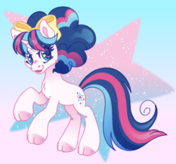 Size: 1881x1752 | Tagged: safe, artist:polymercorgi, oc, oc only, oc:starshine palooza, pony, unicorn, g3, g3.5, bow, cloven hooves, gradient background, hair bow, solo, starry eyes, wingding eyes