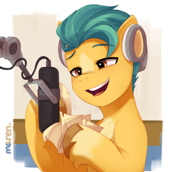 Size: 2088x2041 | Tagged: safe, artist:maren, idw, hitch trailblazer, earth pony, pony, g5, spoiler:comic, spoiler:g5comic, spoiler:g5comic12, cute, headphones, high res, hitchbetes, male, microphone, open mouth, paper, scene interpretation, solo, stallion, unshorn fetlocks