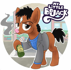 Size: 741x732 | Tagged: safe, artist:richietoons, earth pony, pony, adult blank flank, alcohol, beer, blank flank, bojack horseman, bojack horseman (character), cigarette, eyebrows, male, netflix, ponified, raised eyebrow, stallion