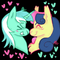 Size: 1111x1111 | Tagged: safe, artist:sillyfillies, bon bon, lyra heartstrings, sweetie drops, earth pony, pony, unicorn, g4, black background, blushing, chest fluff, duo, female, happy, heart, lesbian, nose to nose, ship:lyrabon, shipping, simple background, smiling