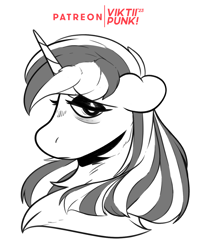 Size: 1122x1425 | Tagged: safe, artist:viktiipunk, oc, oc only, oc:gloomy day, pony, unicorn, bags under eyes, bust, chest fluff, ears back, eyeshadow, female, frown, lidded eyes, long mane, looking at you, makeup, mane, mare, sad, simple background, solo, white background