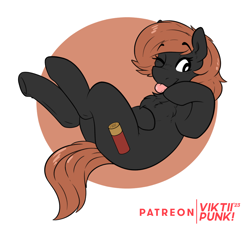Size: 2000x1829 | Tagged: safe, artist:viktiipunk, oc, earth pony, pony, :p, abstract background, ammunition, chest fluff, eyebrows, eyebrows visible through hair, eyelashes, falling, looking back, lying down, on back, one eye closed, pose, raised hoof, short hair, shotgun shell, solo, tail, tongue out