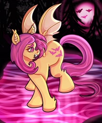 Size: 1714x2048 | Tagged: safe, artist:themeepbox, fluttershy, bat, bat pony, pony, g4, bat ponified, fangs, female, flutterbat, looking back, mare, race swap, solo, spread wings, wings