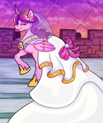 Size: 1714x2048 | Tagged: safe, artist:themeepbox, princess cadance, alicorn, pony, g4, alternate hairstyle, clothes, curved horn, dress, eyes closed, female, horn, horn ring, mare, raised hoof, ring, smiling, solo, wedding dress