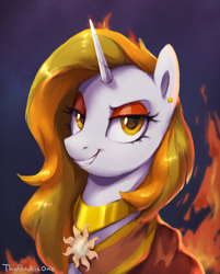 Size: 1266x1573 | Tagged: safe, artist:thebowtieone, oc, oc only, oc:aurora shinespark, pony, unicorn, bust, cloak, clothes, ear piercing, earring, eyeshadow, female, fire, horn, jewelry, looking at you, makeup, mare, no source available, piercing, portrait, smug, solar empire, solo, unicorn oc
