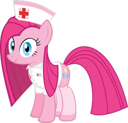 Size: 939x903 | Tagged: safe, artist:retroponybro, artist:zacatron94, edit, vector edit, pinkie pie, earth pony, pony, g4, base used, female, hat, looking at you, mare, name tag, nurse, nurse hat, nurse outfit, pinkamena diane pie, simple background, smiling, solo, transparent background, vector