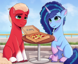 Size: 2490x2048 | Tagged: safe, artist:xiaowu07, misty brightdawn, sprout cloverleaf, earth pony, pony, unicorn, g5, cute, duo, duo male and female, female, food, high res, male, mare, maretime bay, pizza, raised hoof, romance, ship:mistyclover, shipping, signature, sitting, smiling, stallion, straight, table