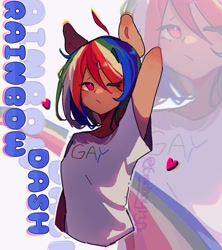 Size: 1091x1230 | Tagged: safe, artist:emoboy130, rainbow dash, human, g4, animal ears, bust, clothes, eared humanization, eye clipping through hair, female, hair over one eye, heart, humanized, lgbt, one eye closed, red eyes, shirt, simple background, solo, t-shirt, text, white background, zoom layer