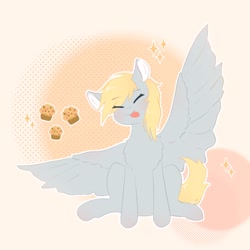 Size: 1580x1580 | Tagged: safe, artist:mix2546, derpy hooves, pegasus, pony, g4, :p, abstract background, blushing, chest fluff, colored pinnae, cute, derpabetes, eye clipping through hair, eyebrows, eyebrows visible through hair, eyes closed, female, food, mare, muffin, sitting, solo, spread wings, tongue out, wings