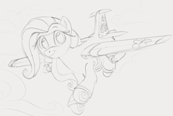 Size: 1245x839 | Tagged: safe, artist:dotkwa, fluttershy, original species, plane pony, pony, g4, cute, female, flutterplane, flying, gray background, grayscale, looking at you, mare, monochrome, plane, race swap, shyabetes, simple background, smiling, smiling at you, solo