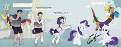 Size: 3366x1300 | Tagged: safe, artist:axiomtf, discord, rarity, human, pony, unicorn, g4, annoyed, blue eyes, clothes, dialogue, female, glasses, human male, human to pony, laughing, male, male to female, mare, ponyville, purple hair, rule 63, shirt, shocked, shoes, shorts, show accurate, speech bubble, transformation, transformation sequence, transgender transformation