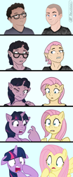 Size: 1720x4128 | Tagged: safe, artist:axiomtf, artist:zeydaan, fluttershy, twilight sparkle, oc, oc:axiom, human, pegasus, unicorn, g4, clothes, female, floppy ears, glasses, human male, human to pony, male, male to female, mare, shaved head, shirt, shocked, show accurate, transformation, transformation sequence, transgender transformation