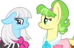 Size: 1024x676 | Tagged: safe, artist:alyssaricepony, artist:muhammad yunus, chickadee, ms. peachbottom, photo finish, earth pony, pony, g4, cute, duo, duo female, female, floppy ears, heart, heart eyes, looking at you, ponytail, sad, sadorable, simple background, transparent background, wingding eyes, worried