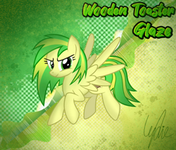 Size: 1894x1615 | Tagged: safe, artist:lydia, oc, oc:wooden toaster, pegasus, pony, cool, cruel, flying, glaze, green eyes, green mane, illustration, looking at you, music, show accurate, solo