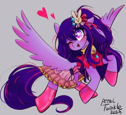 Size: 2048x1865 | Tagged: safe, artist:petaltwinkle, pegasus, pony, ai hoshino, anime, boots, clothes, female, floating heart, gray background, heart, mare, not twilight sparkle, one eye closed, open mouth, open smile, oshi no ko, ponified, shoes, signature, simple background, skirt, smiling, solo, spread wings, wingding eyes, wings, wink
