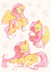 Size: 1065x1506 | Tagged: safe, artist:pnovibi, fluttershy, butterfly, pegasus, pony, g4, blushing, cute, female, floppy ears, lying down, mare, prone, shyabetes, simple background, smiling, solo, white background