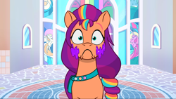 Size: 2160x1215 | Tagged: safe, screencap, sunny starscout, earth pony, pony, a home to share, g5, my little pony: tell your tale, spoiler:g5, spoiler:my little pony: tell your tale, spoiler:tyts01e01, :<, :c, bag, crystal brighthouse, cute, female, fluttershy's cutie mark, frown, glitter, looking at you, mane stripe sunny, mare, pinpoint eyes, rainbow dash's cutie mark, saddle bag, solo, sunnybetes, surprised, twilight sparkle's cutie mark