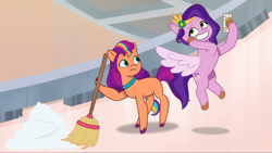 Size: 2160x1215 | Tagged: safe, screencap, pipp petals, sunny starscout, earth pony, pegasus, pony, a home to share, g5, my little pony: tell your tale, spoiler:g5, spoiler:my little pony: tell your tale, broom, cellphone, crystal brighthouse, dust, female, flying, mane stripe sunny, mare, phone, smartphone, sweeping