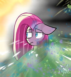 Size: 1147x1238 | Tagged: safe, artist:lydia, pinkie pie, earth pony, pony, g4, blue eyes, debris, illustration, light, melancholy, party, pinkamena diane pie, sad, solo, splash, straight mane