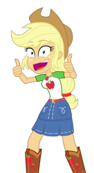 Size: 1701x3137 | Tagged: safe, artist:earth_pony_colds, applejack, human, equestria girls, g4, high res, looking at you, show accurate, simple background, smiling, smiling at you, snapplejack, solo, thumbs up, transparent background, who's a silly human
