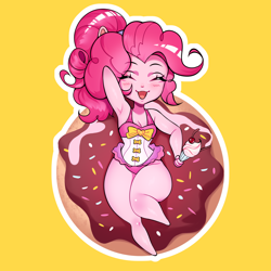 Size: 2480x2480 | Tagged: safe, artist:ikstina, pinkie pie, human, equestria girls, g4, armpits, bare shoulders, blushing, breasts, cherry, chibi, clothes, curvy, cute, diapinkes, donut, drink, food, high res, humanized, keychain, merchandise, milkshake, one-piece swimsuit, pink hair, pinkie pie swimsuit, simple background, sleeveless, smiling, sprinkles, sticker, swimming, swimsuit, thick, wide hips, yellow background