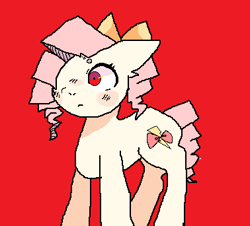 Size: 378x342 | Tagged: safe, artist:fishstickz, derpibooru exclusive, oc, oc only, oc:luzzy bow, earth pony, pony, beanbrows, bow, eyebrows, hair bow, ms paint, red background, simple background, solo