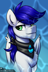 Size: 2000x3000 | Tagged: safe, artist:jedayskayvoker, oc, oc only, oc:waterpony, pegasus, pony, bandana, bust, chest fluff, clothes, ear fluff, eyebrows, folded wings, green eyes, high res, icon, looking at you, male, patreon, patreon reward, pegasus oc, portrait, solo, stallion, wings