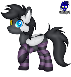 Size: 3840x4154 | Tagged: safe, artist:damlanil, oc, oc only, oc:cloudy days, pegasus, pony, clothes, commission, cute, happy, heterochromia, male, raised hoof, show accurate, simple background, smiling, socks, solo, stallion, striped socks, transparent background, vector, wings