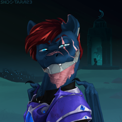 Size: 3200x3200 | Tagged: safe, artist:shido-tara, oc, oc only, oc:nightzeroni, bat pony, armor, bat pony oc, bust, commission, fangs, high res, looking at you, male, portrait, prosthetics, scar, solo, torn ear