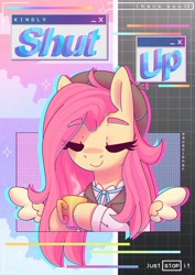 Size: 2480x3508 | Tagged: safe, artist:wavecipher, fluttershy, pegasus, pony, g4, '90s, clothes, cup, eyebrows, eyebrows visible through hair, female, high res, mare, pink mane, pink tail, smiling, solo, spread wings, subversive kawaii, tail, wings, yellow coat