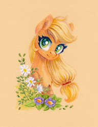Size: 923x1200 | Tagged: safe, artist:maytee, applejack, earth pony, pony, g4, bust, chamomile, colored pencil drawing, female, flower, mare, smiling, solo, traditional art