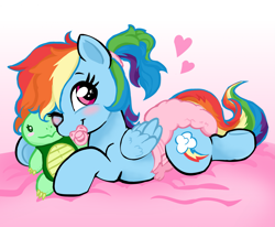 Size: 2115x1742 | Tagged: safe, artist:onc3l3rphobix, rainbow dash, pegasus, pony, g4, blushing, coy, cute, diaper, diaper fetish, diapered, female, fetish, heart, looking at you, lying down, non-baby in diaper, one eye closed, pacifier, pink diaper, plushie, ponytail, prone, solo, sploot, wink