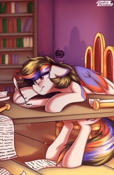 Size: 1700x2600 | Tagged: safe, artist:shadowreindeer, oc, oc only, oc:phoenix, pegasus, pony, bookshelf, chair, commission, high res, pegasus oc, quill, scroll, sitting, solo, table, tired